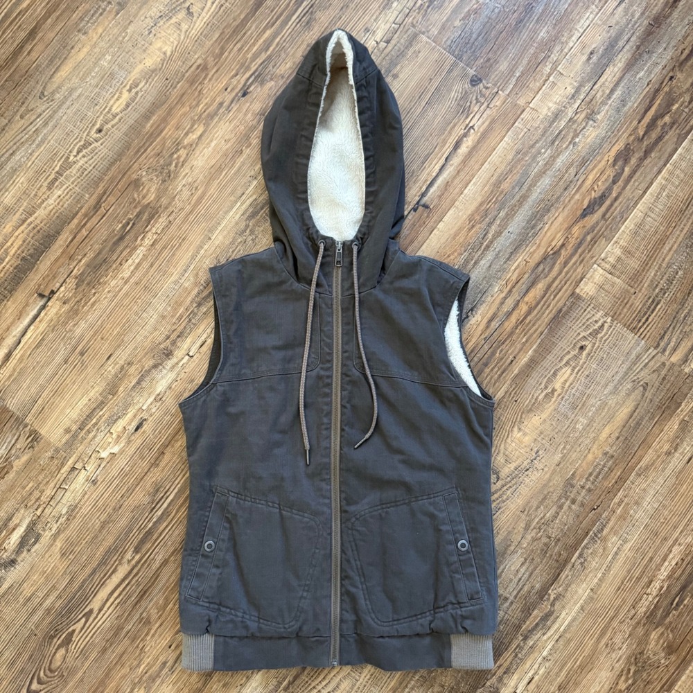 Mountain‎ Khakis Hooded Vest Medium Brown Sherpa Lined Cotton Canvas Rugged